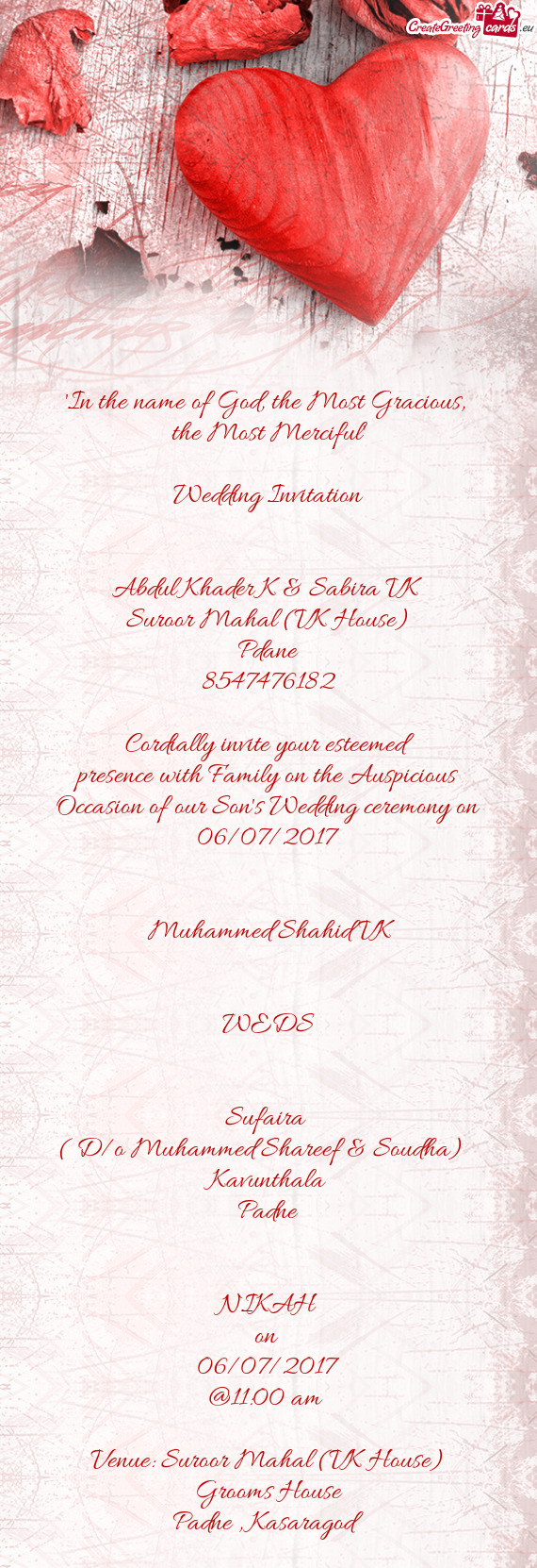 ( D/o Muhammed Shareef & Soudha) 
 Kavunthala
 Padne
 
 
 NIKAH
 on 
 06/07/2017
 @11