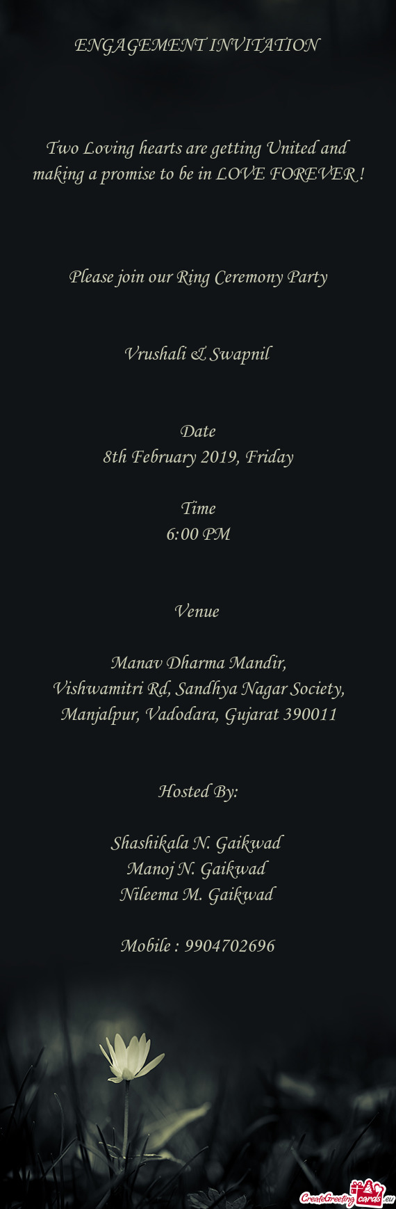 00 PM
 
 
 Venue 
 
 Manav Dharma Mandir