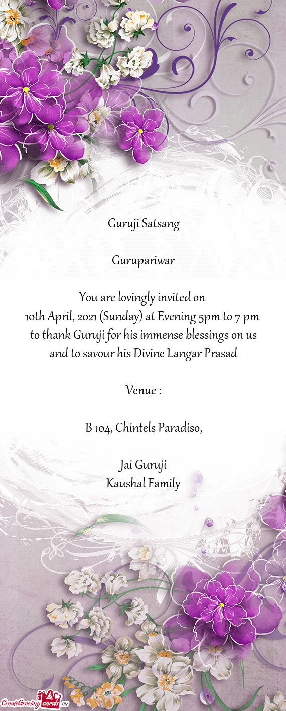 10th April, 2021 (Sunday) at Evening 5pm to 7 pm