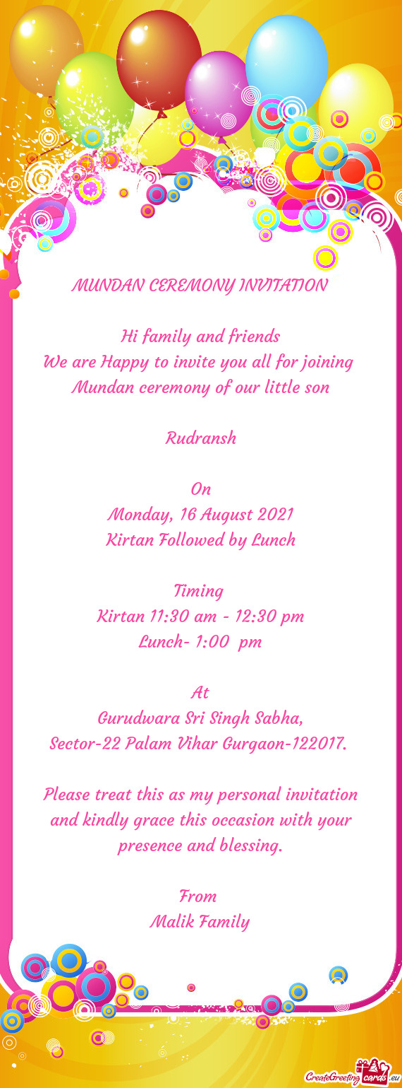 16 August 2021
 Kirtan Followed by Lunch
 
 Timing 
 Kirtan 11