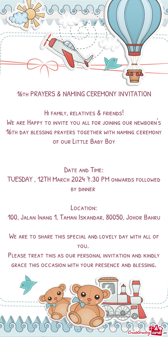 16th PRAYERS & NAMING CEREMONY INVITATION