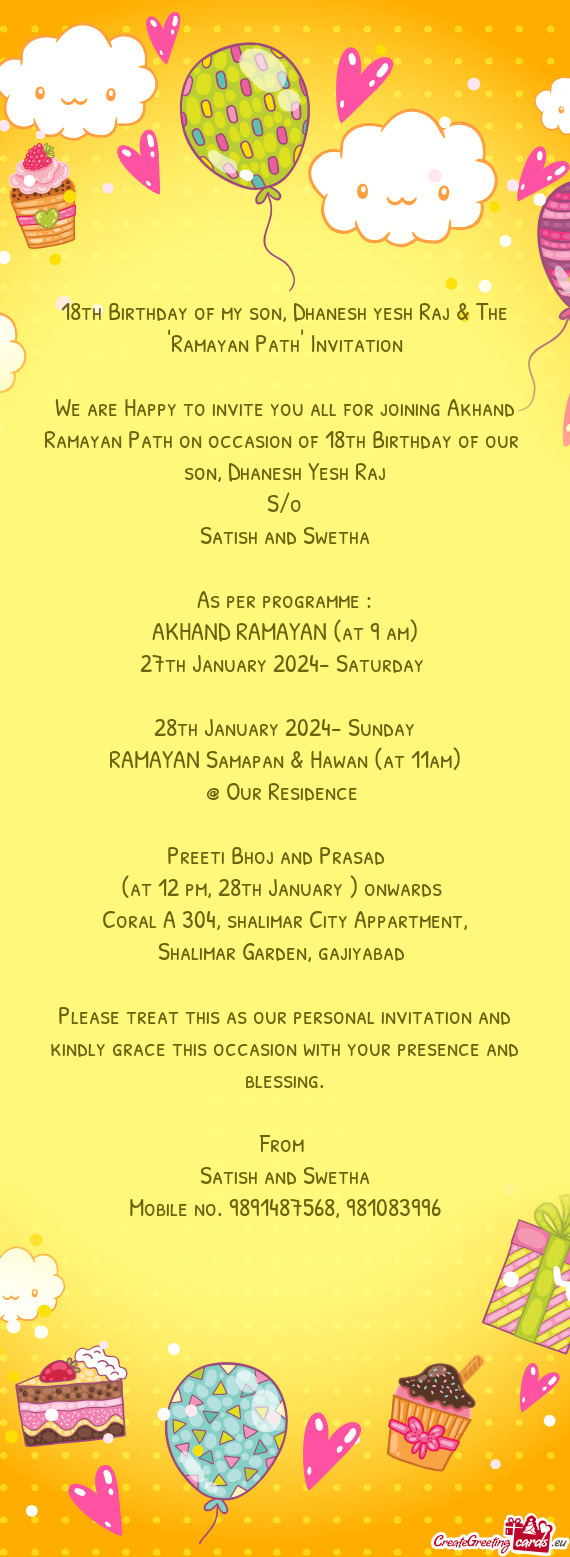 18th Birthday of my son, Dhanesh yesh Raj & The "Ramayan Path" Invitation