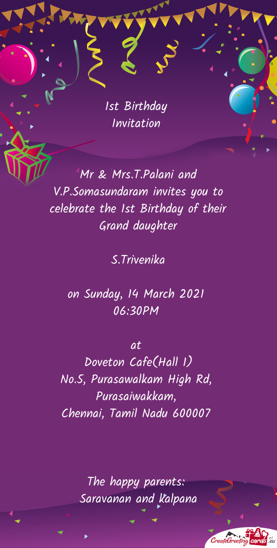 1st Birthday 
 Invitation 
 
 
 Mr & Mrs