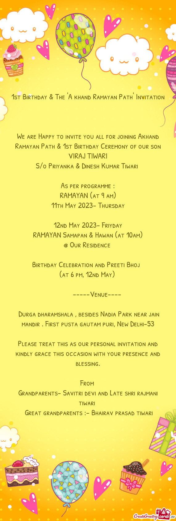 1st Birthday & The "A khand Ramayan Path" Invitation