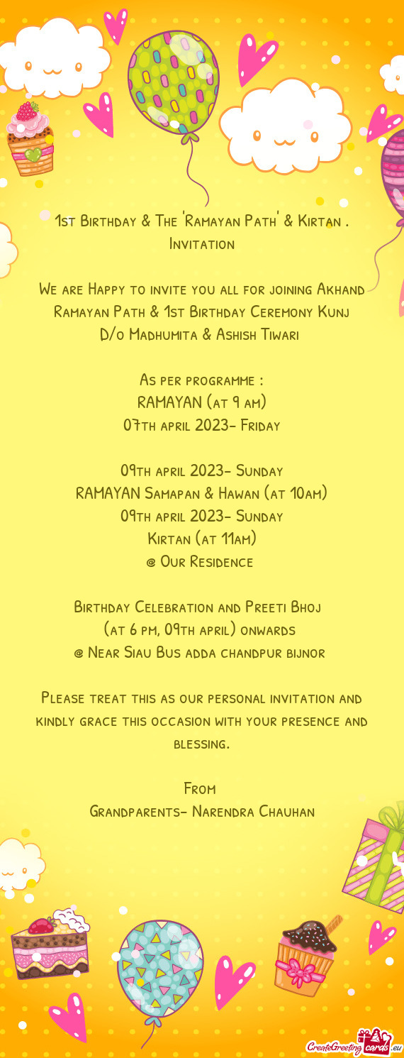 1st Birthday & The "Ramayan Path" & Kirtan . Invitation