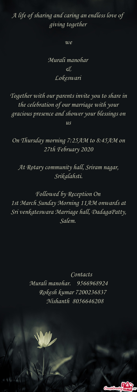 1st March Sunday Morning 11AM onwards at Sri venkateswara Marriage hall, DadagaPatty, Salem