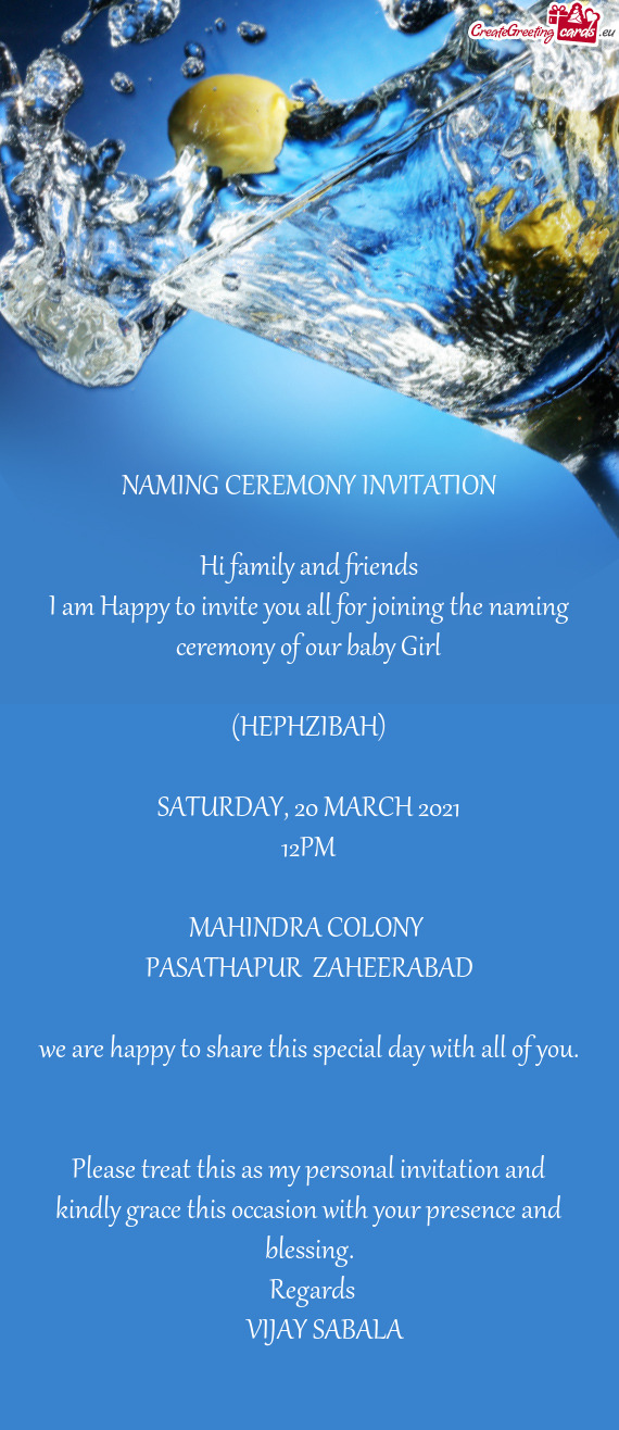 20 MARCH 2021
 12PM
 
 MAHINDRA COLONY 
 PASATHAPUR ZAHEERABAD
 
 we are happy to share this speci