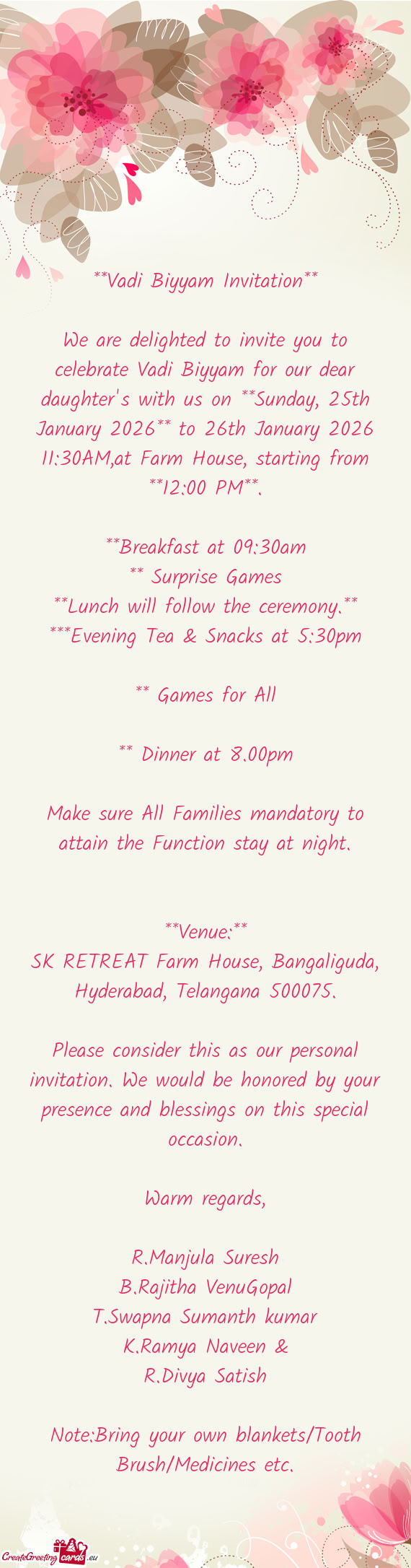 25th January 2026** to 26th January 2026 11:30AM,at Farm House, starting from **12:00 PM