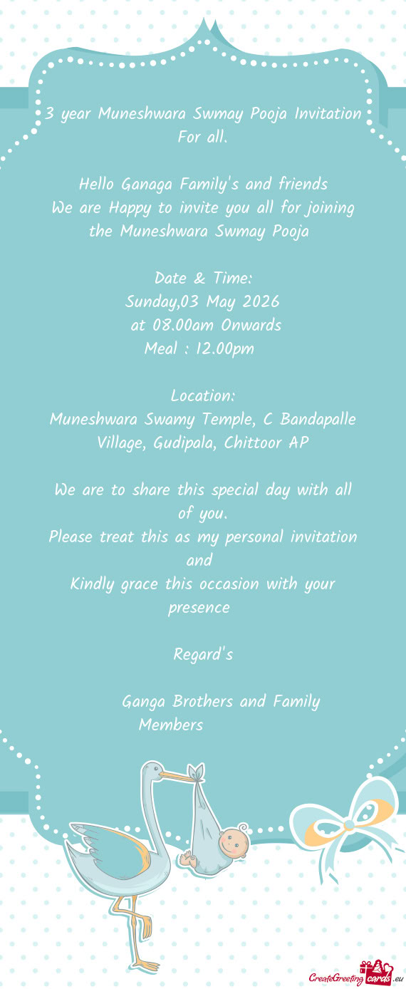 3 year Muneshwara Swmay Pooja Invitation For all