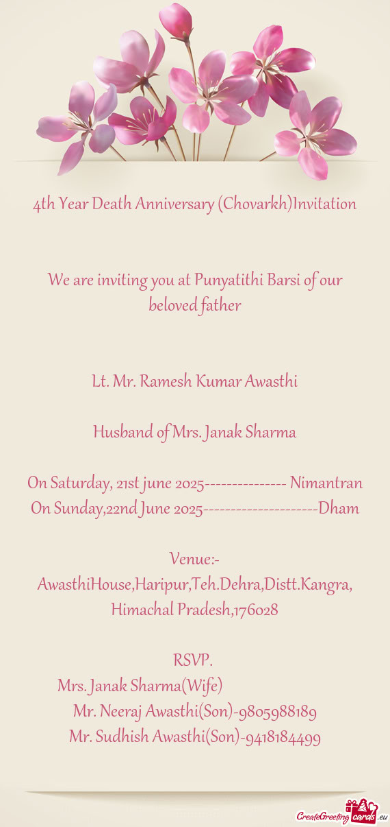 4th Year Death Anniversary (Chovarkh)Invitation
