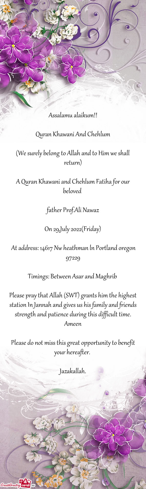 A Quran Khawani and Chehlum Fatiha for our beloved