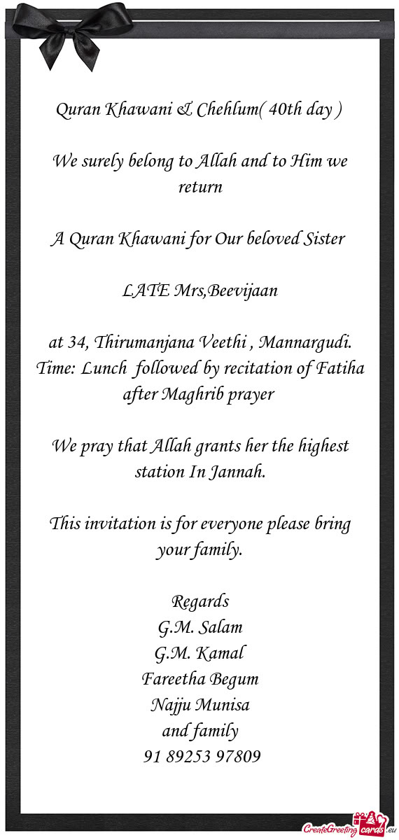 A Quran Khawani for Our beloved Sister