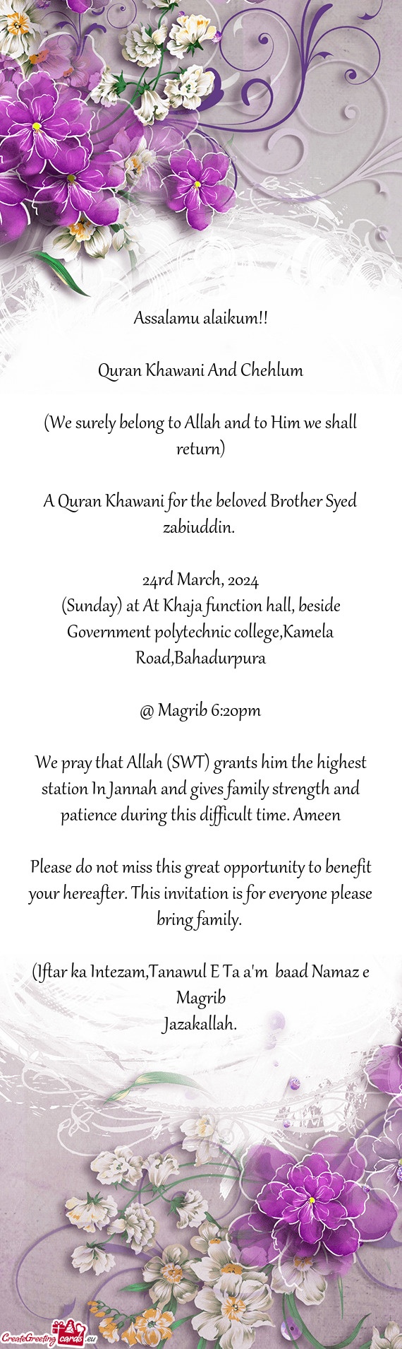 A Quran Khawani for the beloved Brother Syed zabiuddin