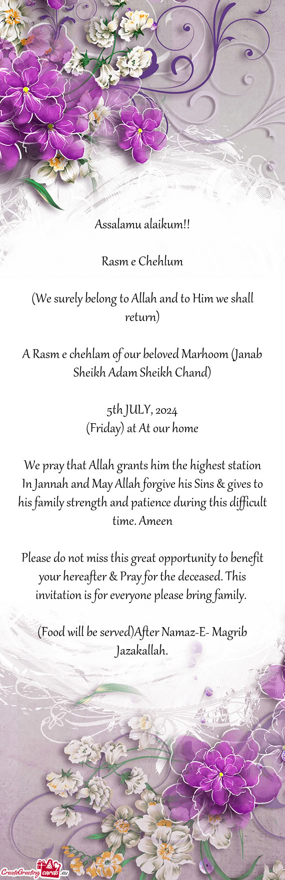 A Rasm e chehlam of our beloved Marhoom (Janab Sheikh Adam Sheikh Chand)