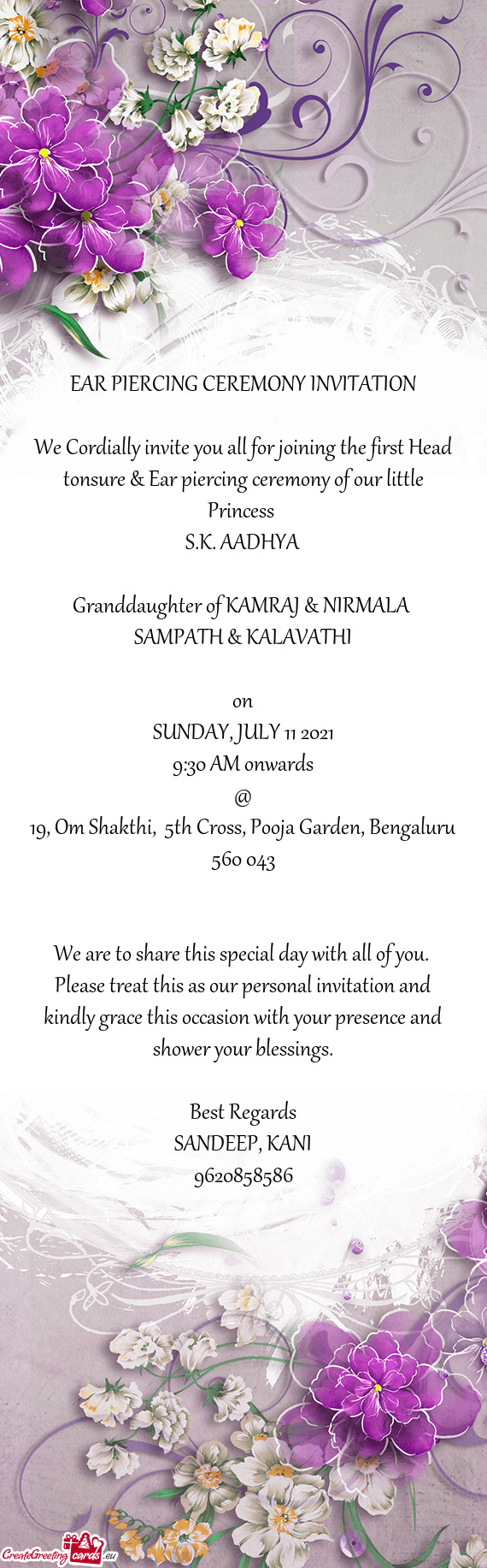 AADHYA
 
 Granddaughter of KAMRAJ & NIRMALA 
 SAMPATH & KALAVATHI
 
 on
 SUNDAY