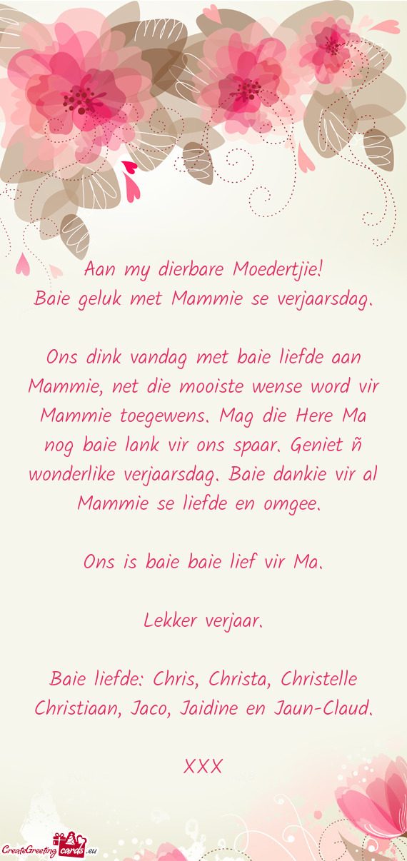 Aan my dierbare Moedertjie