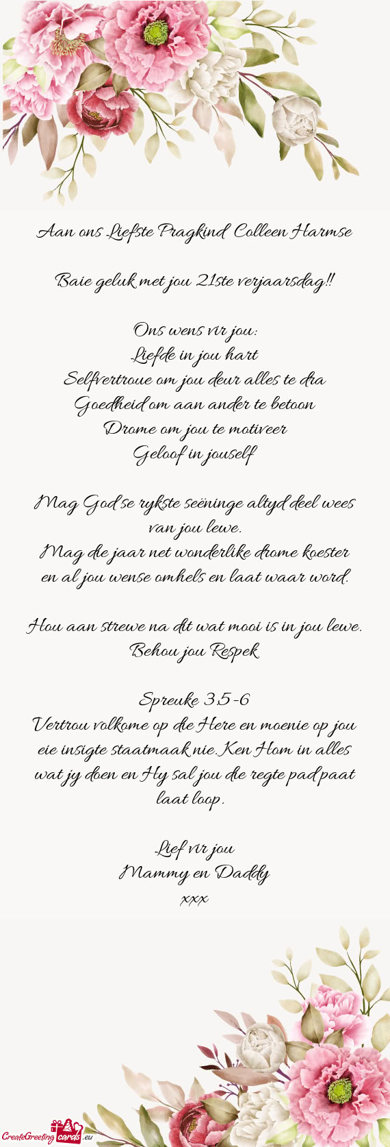 Aan ons Liefste Pragkind Colleen Harmse