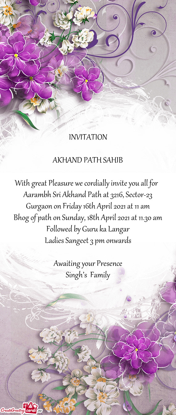 Aarambh Sri Akhand Path at 3216, Sector-23 Gurgaon on Friday 16th April 2021 at 11 am