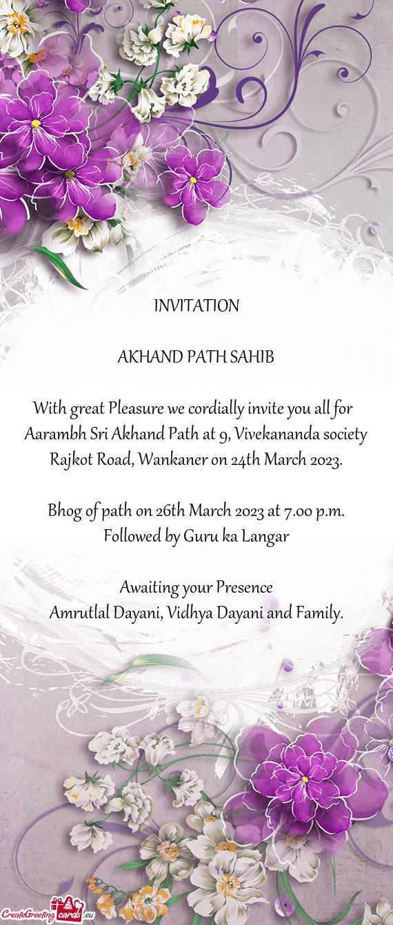 Aarambh Sri Akhand Path at 9, Vivekananda society Rajkot Road, Wankaner on 24th March 2023