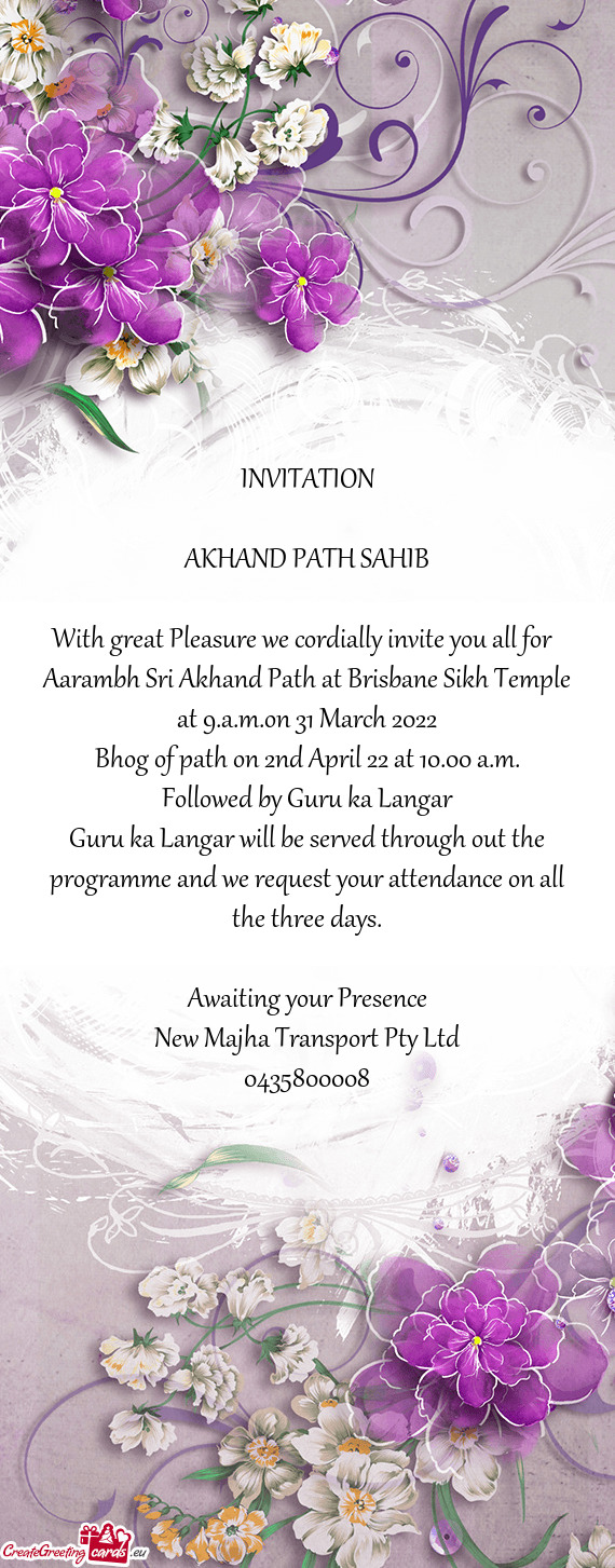 Aarambh Sri Akhand Path at Brisbane Sikh Temple at 9.a.m.on 31 March 2022