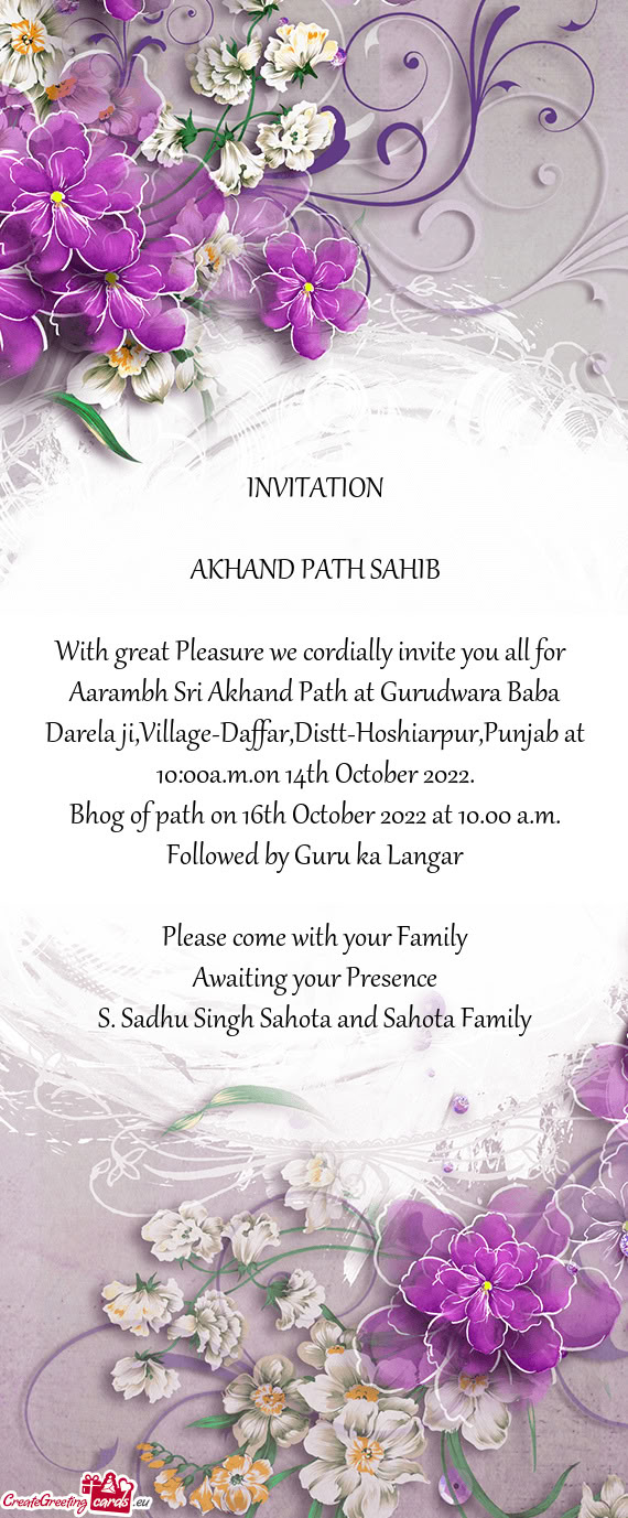 Aarambh Sri Akhand Path at Gurudwara Baba Darela ji,Village-Daffar,Distt-Hoshiarpur,Punjab at 10:00a