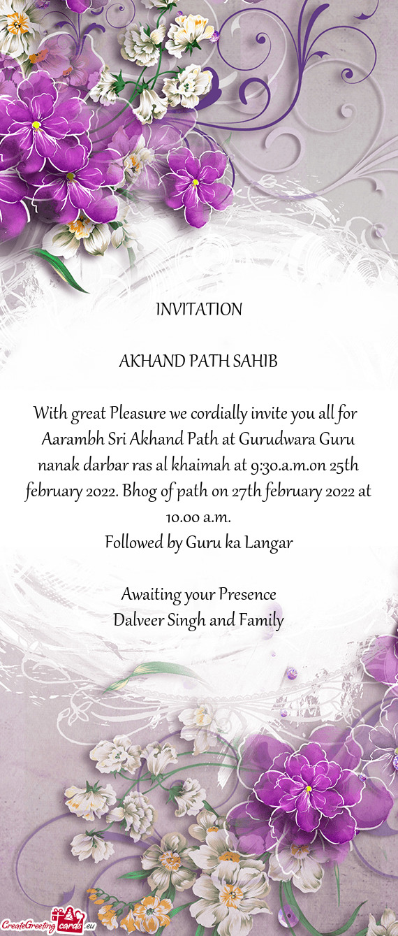 Aarambh Sri Akhand Path at Gurudwara Guru nanak darbar ras al khaimah at 9:30.a.m.on 25th february 2