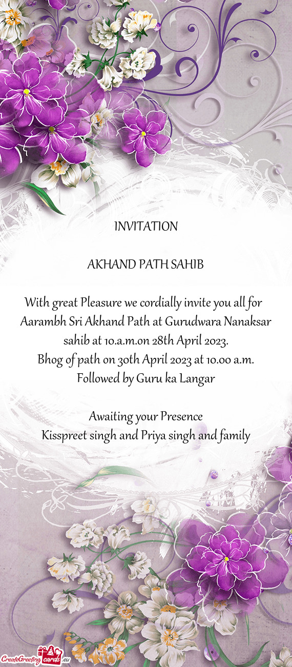 Aarambh Sri Akhand Path at Gurudwara Nanaksar sahib at 10.a.m.on 28th April 2023