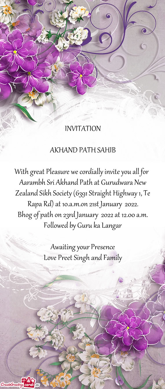 Aarambh Sri Akhand Path at Gurudwara New Zealand Sikh Society (6391 Straight Highway 1, Te Rapa Rd)