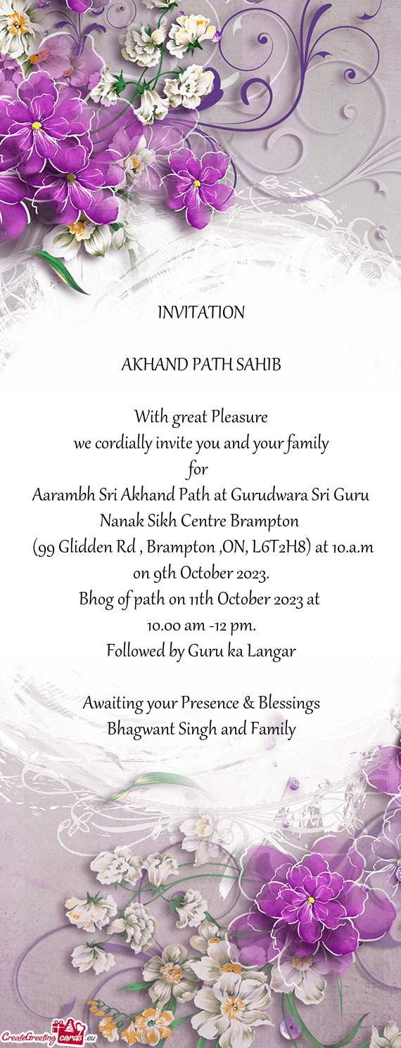 Aarambh Sri Akhand Path at Gurudwara Sri Guru Nanak Sikh Centre Brampton