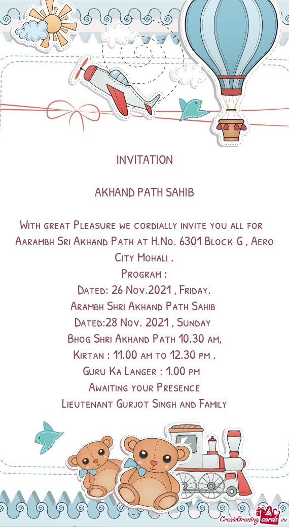 Aarambh Sri Akhand Path at H.No. 6301 Block G , Aero City Mohali