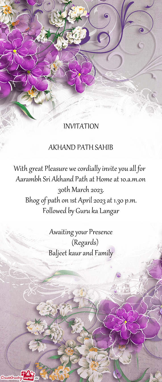 Aarambh Sri Akhand Path at Home at 10.a.m.on 30th March 2023