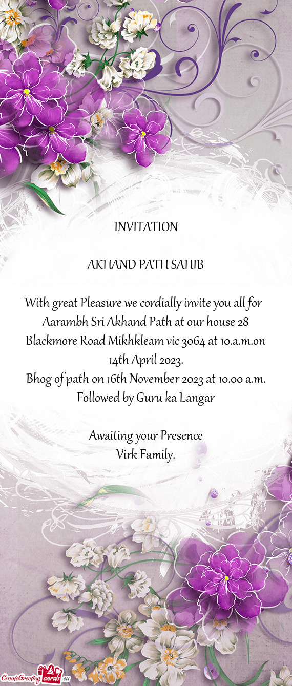 Aarambh Sri Akhand Path at our house 28 Blackmore Road Mikhkleam vic 3064 at 10.a.m.on 14th April 20