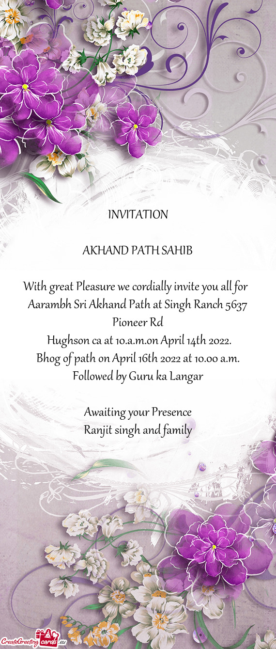 Aarambh Sri Akhand Path at Singh Ranch 5637 Pioneer Rd