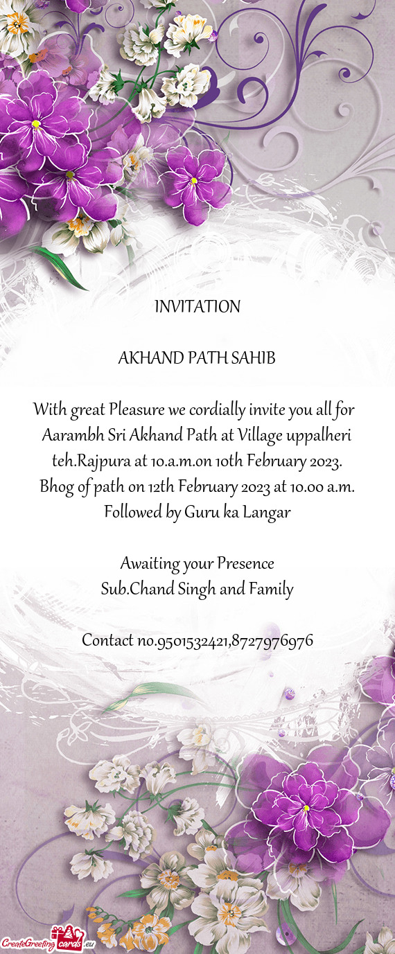 Aarambh Sri Akhand Path at Village uppalheri teh.Rajpura at 10.a.m.on 10th February 2023