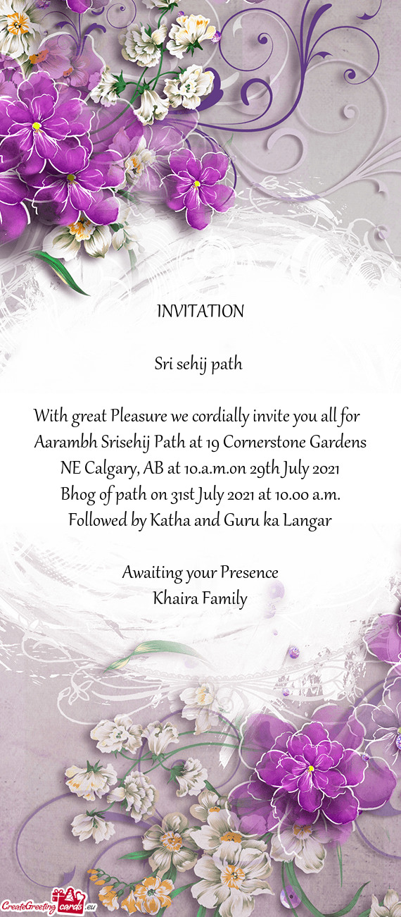 Aarambh Srisehij Path at 19 Cornerstone Gardens NE Calgary, AB at 10.a.m.on 29th July 2021