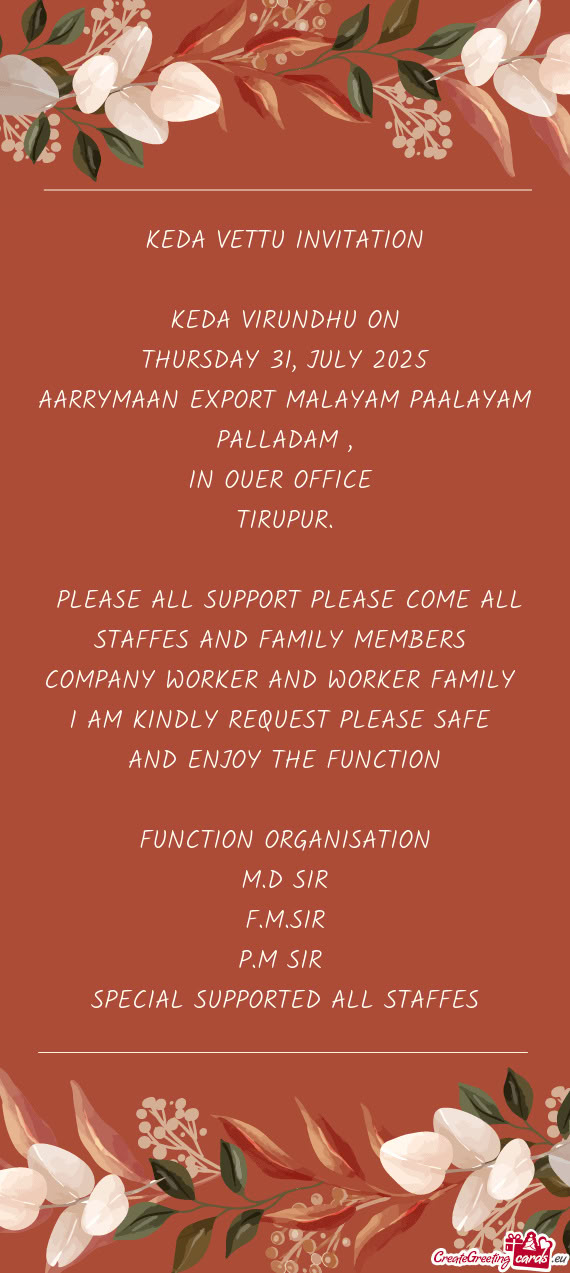 AARRYMAAN EXPORT MALAYAM PAALAYAM PALLADAM