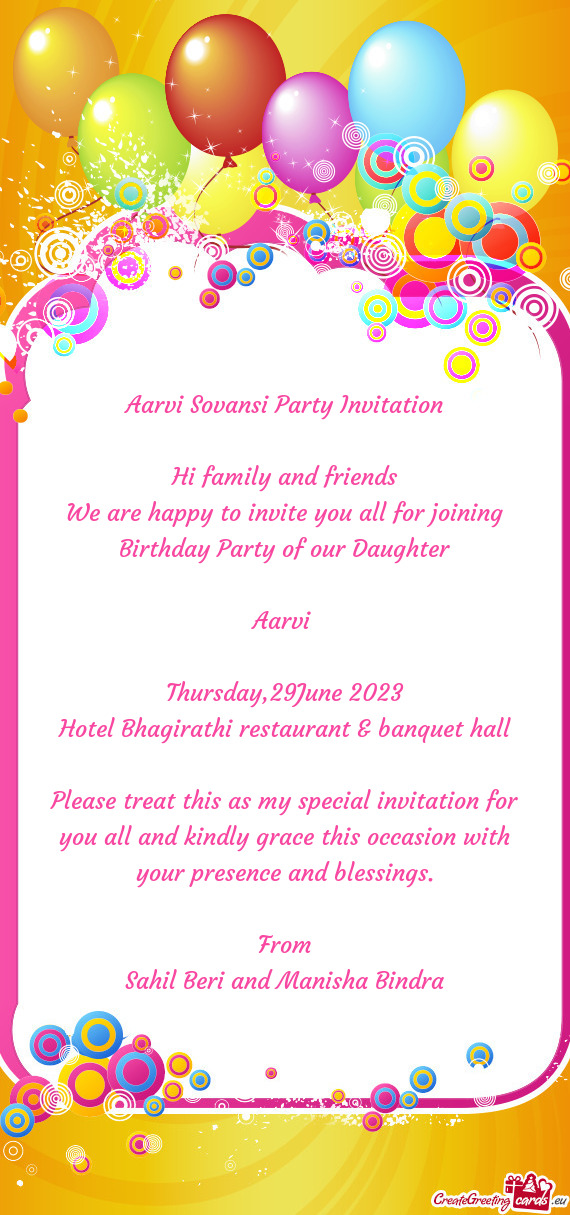 Aarvi Sovansi Party Invitation