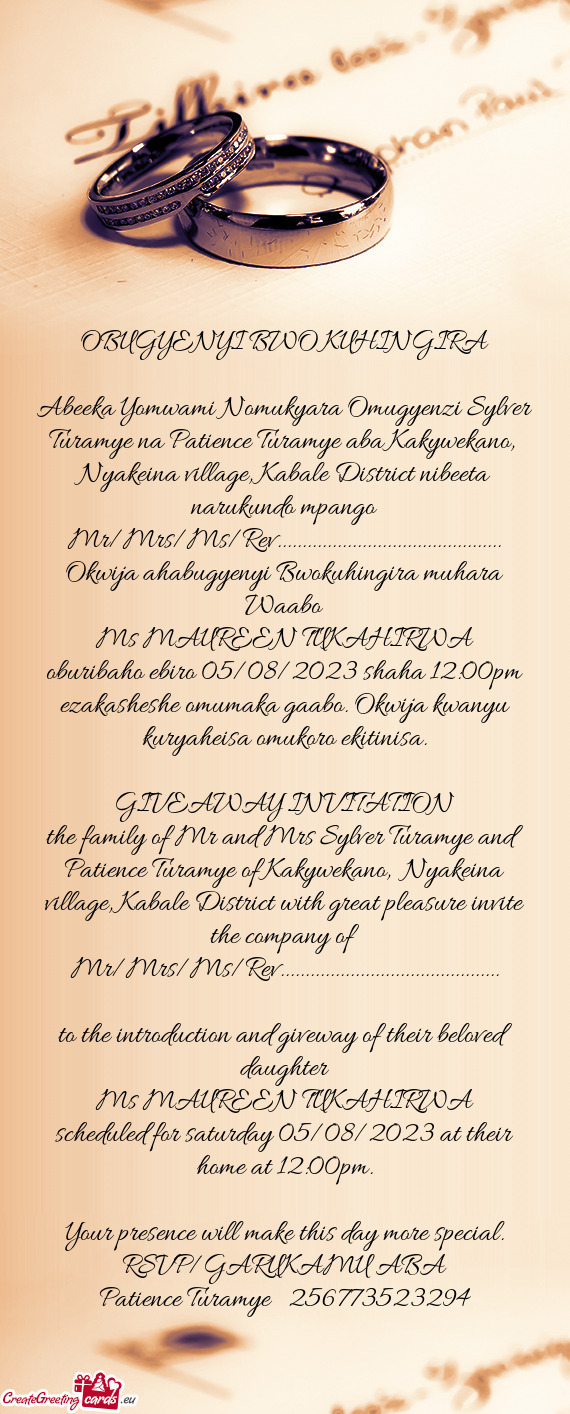 Abeeka Yomwami Nomukyara Omugyenzi Sylver Turamye na Patience Turamye aba Kakywekano, Nyakeina vill