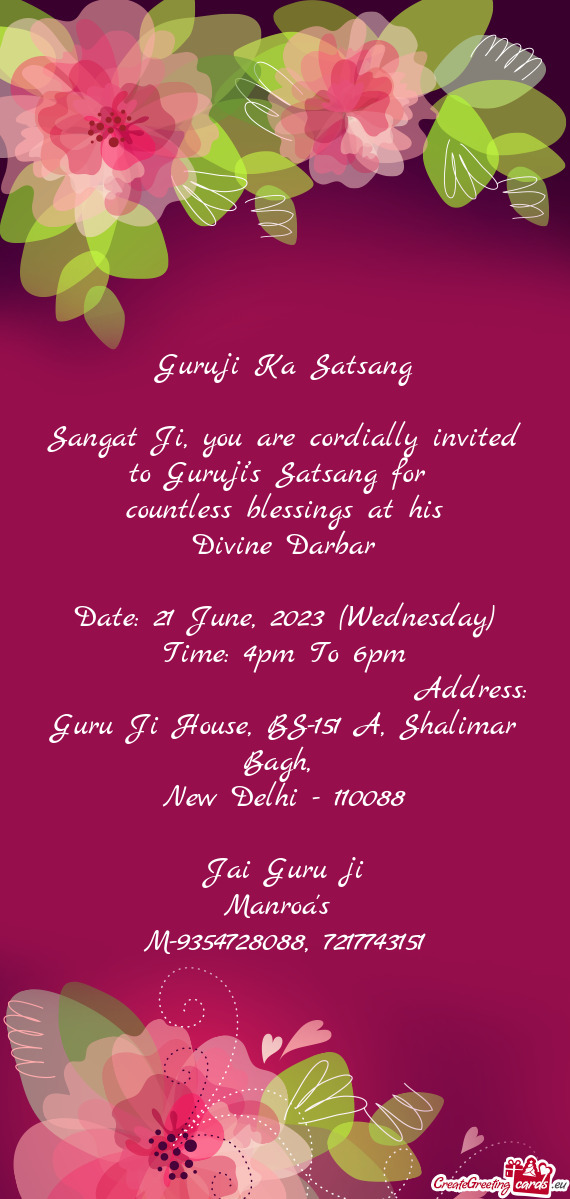 Address: Guru Ji House, BS-151 A, Shalimar Bagh