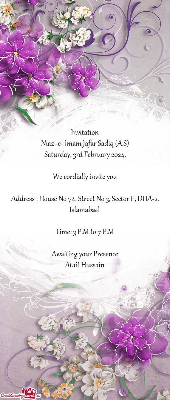 Address : House No 74, Street No 3, Sector E, DHA-2. Islamabad