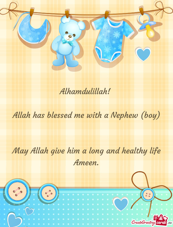 Alhamdulillah!  Allah has blessed me with a Nephew (boy)  May Allah give him a long and healt