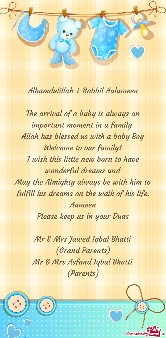 Alhamdulillah-i-Rabbil Aalameen The arrival of a baby is always an important moment in a family