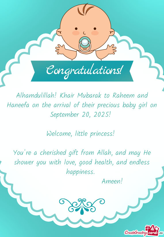 Alhamdulillah! Khair Mubarak to Raheem and Haneefa on the arrival of their precious baby girl on Sep