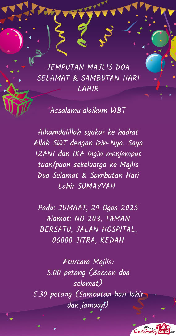 Alhamdulillah syukur ke hadrat Allah SWT dengan izin-Nya. Saya IZANI dan IKA ingin menjemput tuan/pu