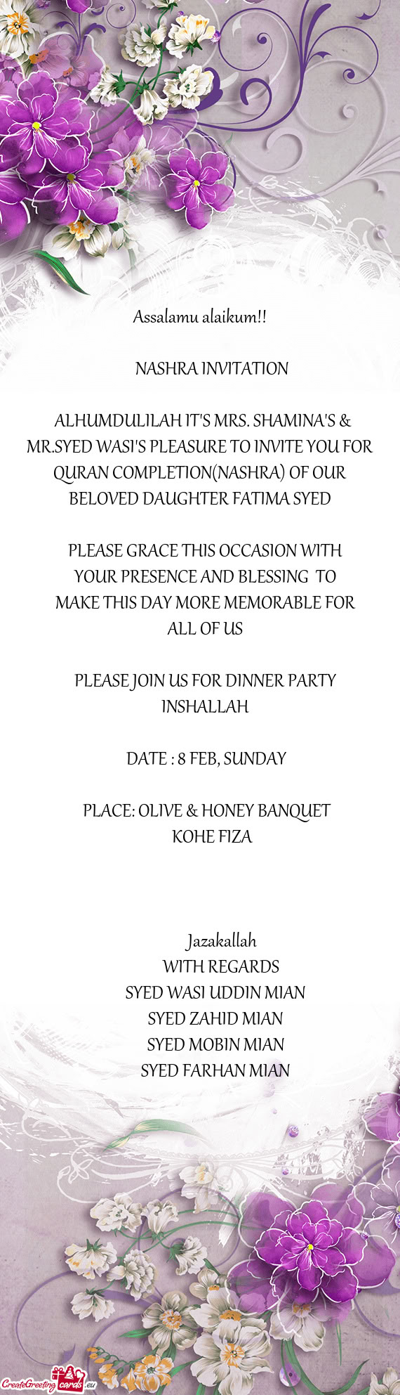 ALHUMDULILAH IT'S MRS. SHAMINA'S & MR.SYED WASI'S PLEASURE TO INVITE YOU FOR QURAN COMPLETION(NASH