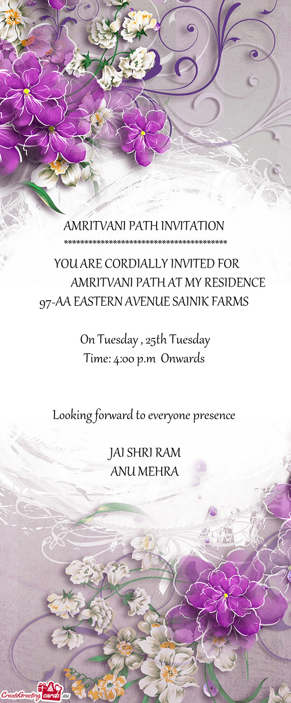 AMRITVANI PATH AT MY RESIDENCE 97-AA EASTERN AVENUE SAINIK FARMS