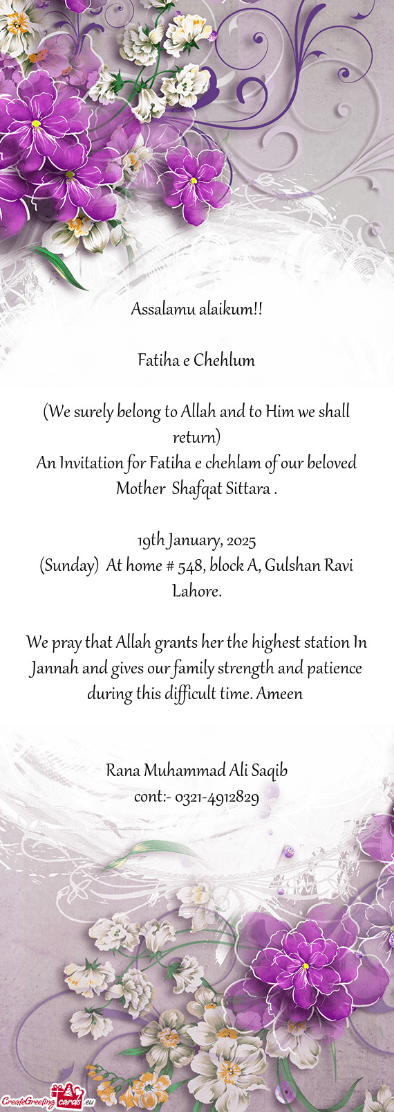 An Invitation for Fatiha e chehlam of our beloved Mother Shafqat Sittara