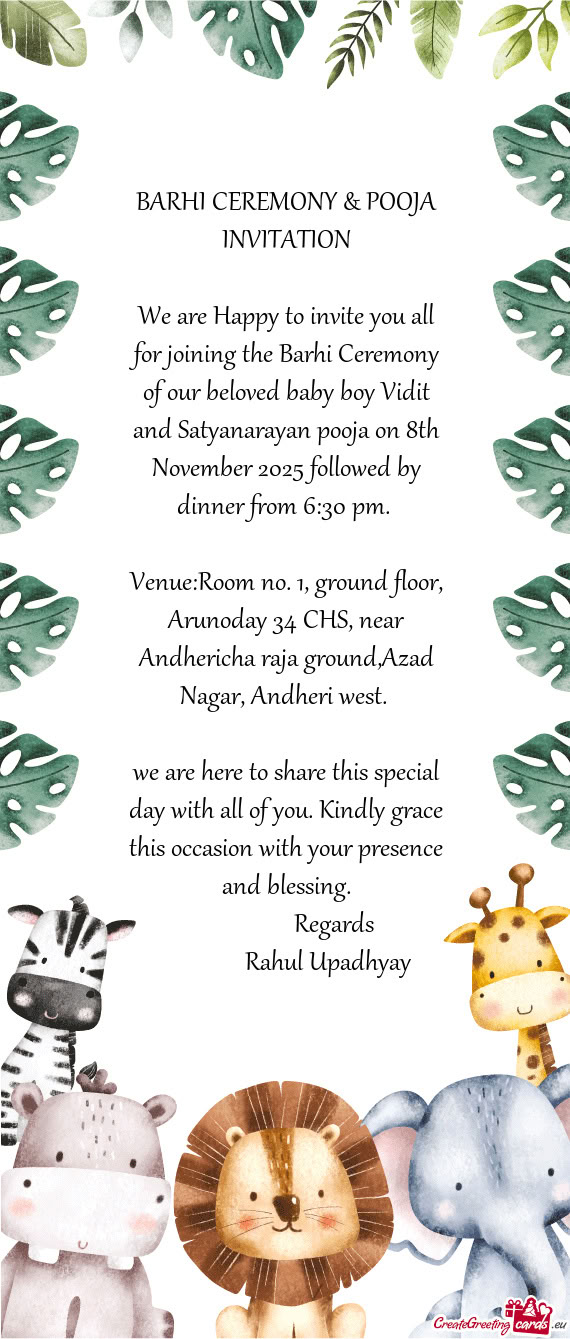 Anarayan pooja on 8th November 2025 followed by dinner from 6:30 pm