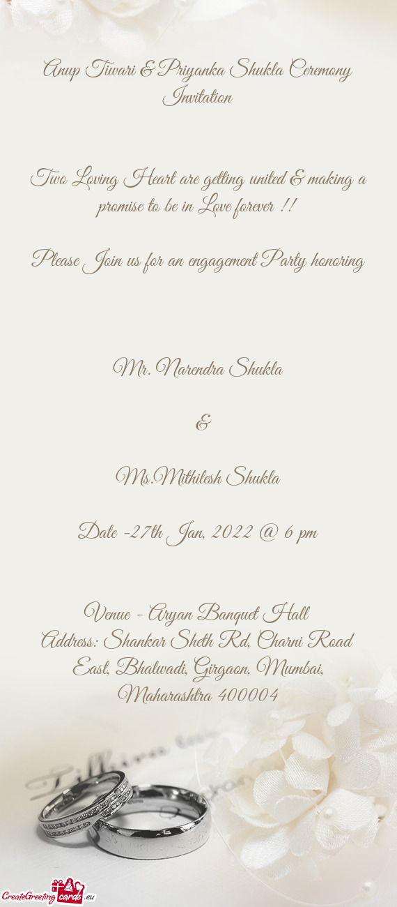 Anup Tiwari & Priyanka Shukla Ceremony Invitation