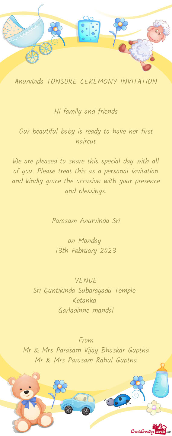 Anurvinda TONSURE CEREMONY INVITATION